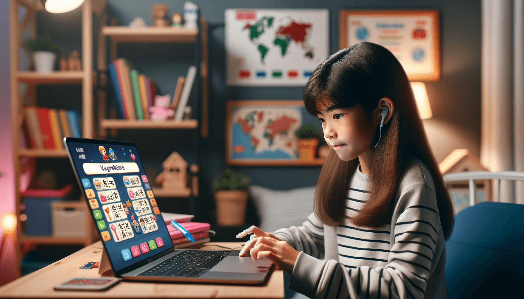 uma menina jogando um jogo de vocabulário em seu computador para aprender inglês.